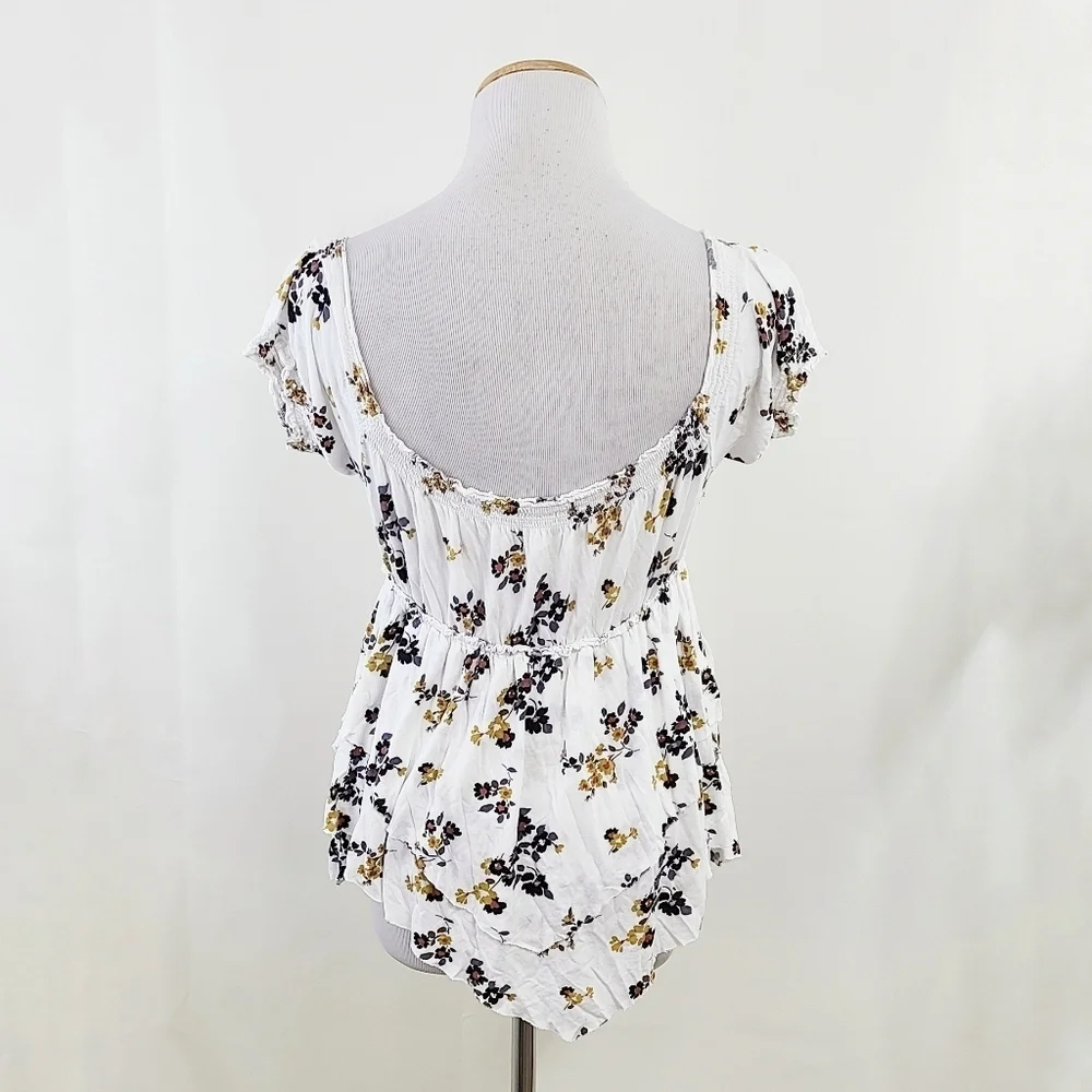 Free People short sleeve floral peasant top white yellow black size small